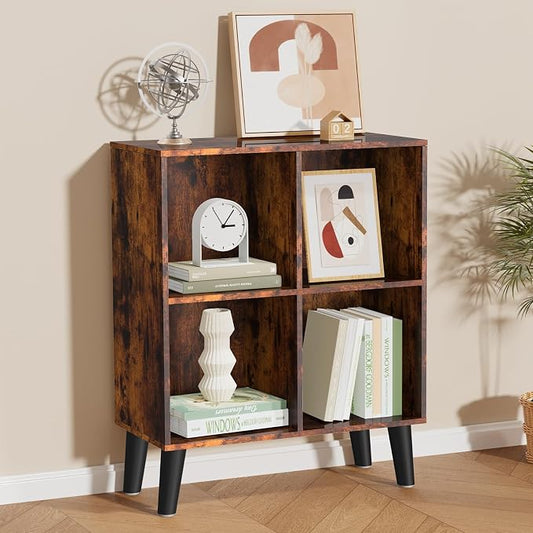 4 Cube Storage Organizer with Legs, 2 Tier Cube Low Bookcase Freestanding Storage Display Organizer for Home Office, Four-Cubes Open Shelf Bookshelf (Retro Brown, 4 Cube)
