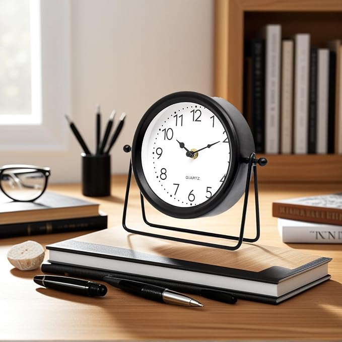 Small Desk Clock – Classic Vintage Silent Non-Ticking Clock with Distressed Metal Frame, Decorative Shelf Decor for Office, Living Room or Bedroom