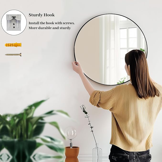 Sunniry Black Round Mirror, Round Mirror 24 inch, Black Circle Mirrors Matte Metal Frame, Wall Mounted Mirrors for Living Room, Bathroom, Wall, Entryway.