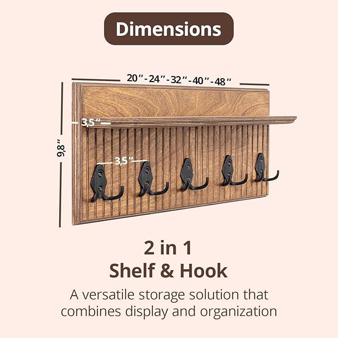 Rustic Wall Mounted Coat Rack with Shelf Wooden Entryway Organizer with 5 Metal Hooks for Coats Hats Towels Keys Floating Storage Shelf for Bathroom Bedroom (Walnut, 24 inch Striped (4 Hooks))