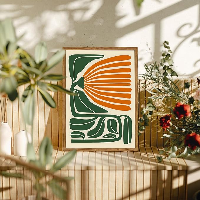 Framed Boho Floral Wall Art, Mid Century Modern Flower Canvas Wall Decor Pictures, Green and Orange Abstract Botanical Paintings Poster Prints Eclectic Home Decor for Living Room Bedroom 12x16 inch