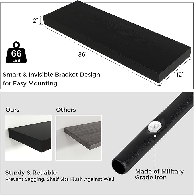 Floating Shelves for Wall, 36" W x 12" D x 2" H, 2 Pack of Long Wall Mounted Engineered Wood Shelves with Invisible Brackets for Living Room, Bedroom, Bathroom, Kitchen Decor, Black