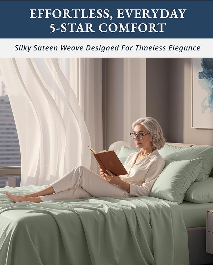 100% Egyptian Cotton Sheet Set Queen Size – Silky Sateen Weave Queen Sheet Set for Winter Sleep Comfort, 15" Snug Fit Deep Pocket, Breathable Hotel-Quality Soft Luxury You Can Feel - Swiss Dot Mineral