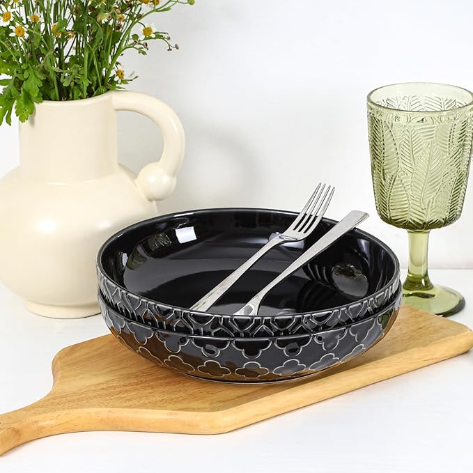 Sureasy 9.7" Pasta Bowls Set of 4-42 oz Large Salad Bowls for Kitchen, Embossed Ceramic Serving Bowls for Fruits, Soup, Pasta and Salad, Microwave & Dishwasher Safe, Black