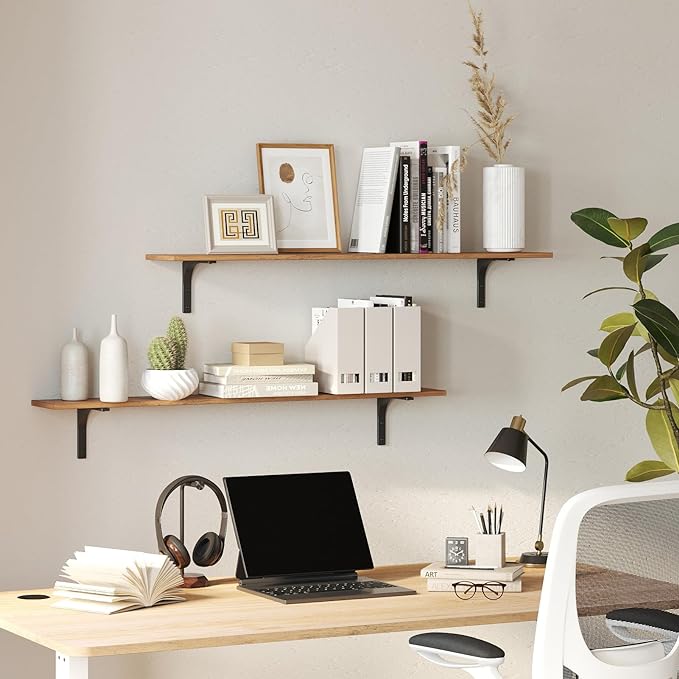 DINZI LVJ Long Wall Shelves, 31.5 Inch Wall Mounted Shelves Set of 2, Easy-to-Install, Wall Storage Ledges with Sturdy Metal Brackets for Living Room, Bathroom, Bedroom, Kitchen, Rustic Brown | Easy-to-Install