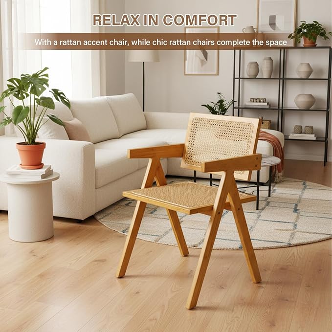Furlide Rattan Dining Chairs Set of 2, Modern Mid Century Accent Chairs, Comfy Armchairs, Outdoor Rattan Chairs with Armrest for Bedroom Living Room Reading Room Dining Kitchen