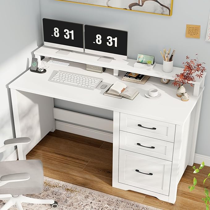 Vabches 47" Farmhouse Executive Desk with Monitor Stand & File Cabinet,3 Drawers Computer Desk with LED Lights and Power Outlets,Workstation for Home Office, Study,Writing.（White）