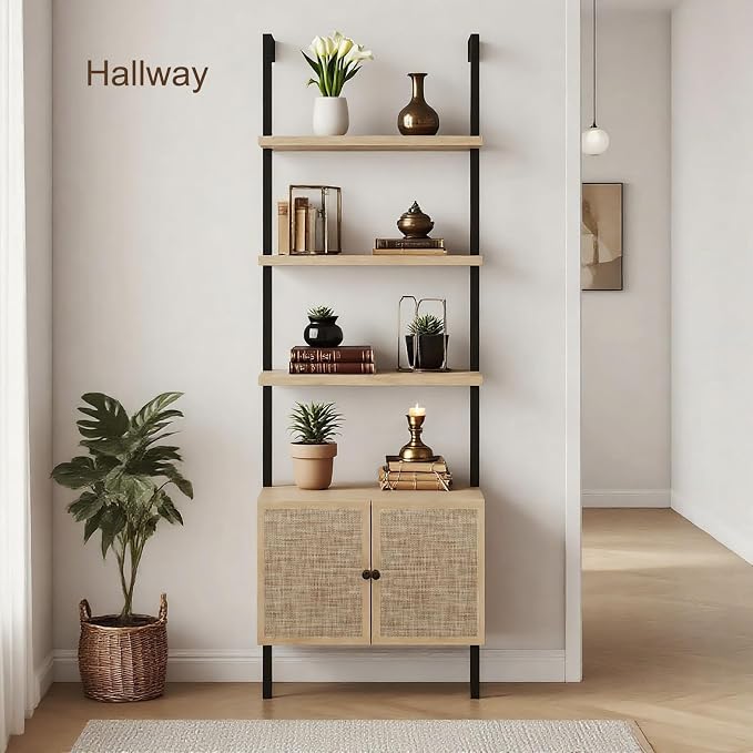 Rattan Bookcase, 6 Tier Ladder Bookshelf with Rattan Cabinet, Wall Mount Tall Bookshelves and Bookcases with Metal Storage Shelves Display for Living Room Bedroom Home Office, Oak