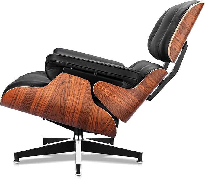 Mid Century Chaise Lounge Chair and Ottoman, Reading Chair, Leather Accent Chair, Modern Chair, Classic Design, Heavy Duty Base Support for Living Room Lounge Office (Palisander-Black, Tall)
