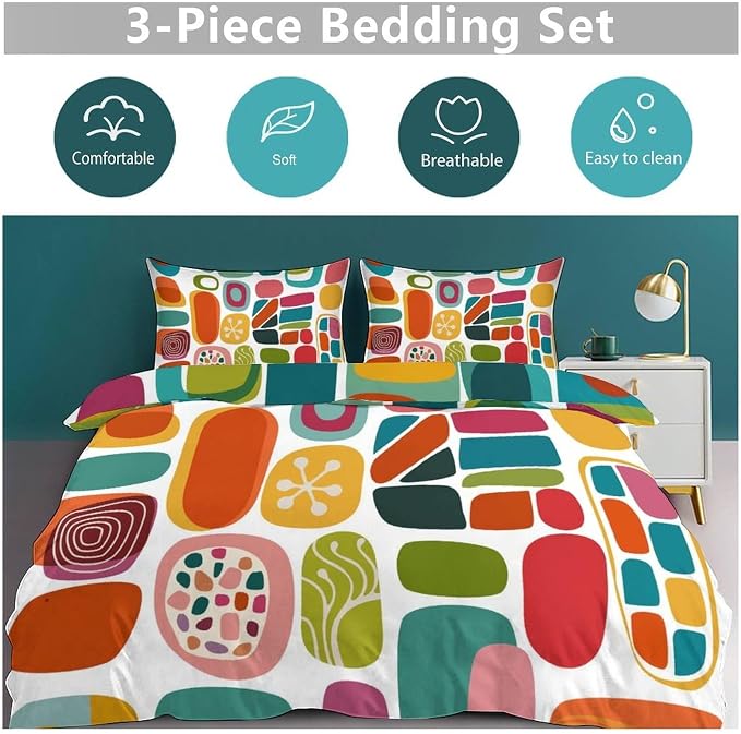 Mid Century Modern Bedding Set,Retro Geometric Colorful Diamond Abstract Geometric Vintage 60s 70s Pattern Comforter Set with Pillowcase for Bedroom Bed Decor,King 102"x90"