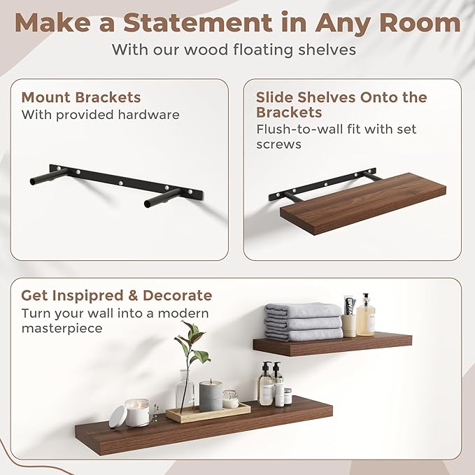 Floating Shelves for Wall with Invisible Brackets, Wall Mounted Engineered Wood Shelves with Wood Grain for Living Room, Bedroom, Bathroom, Kitchen Decor and Storage, Oak, 8"L Set of 3, Walnut