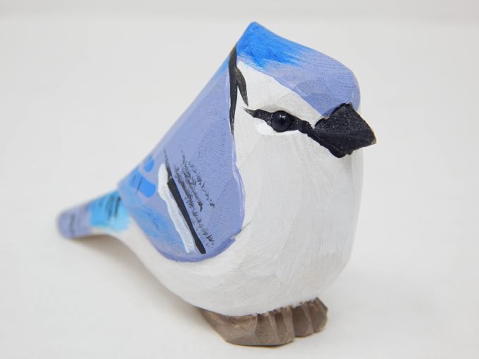 Selsela Hand-Carved Blue Jay Figurine - Miniature Wooden Crested Jaybird Statue, Sculpture Ornament Decor, Handmade Wildlife Sculpture, Rustic Home Decor & Collectible Ornament