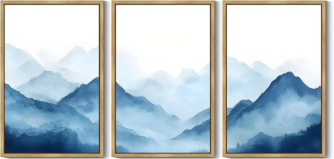 KUVIOKE Blue Watercolor Mountains in Fog Framed Wall Art Wilderness Nature Landscape Painting Rustic Scenic Relax Cool Room Decor for Bedroom Dining Room 24x36in (Natural Framed)
