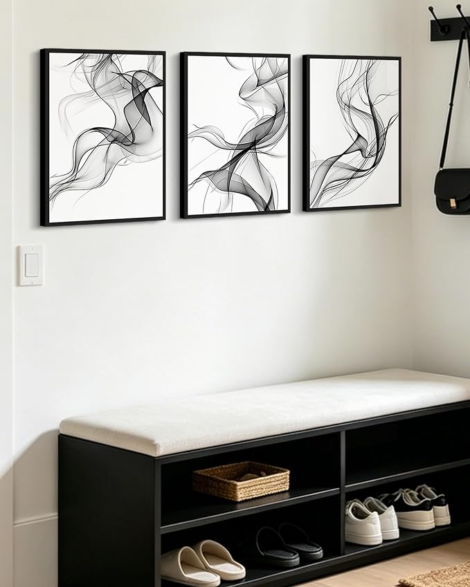 KUVIOKE Black White Abstract Framed Canvas Wall Art Ink Wash Pastel Wall Decor Modern Transparent Fog Illustration Art Painting for Bedroom Dining Room 12x16in (Black Framed)