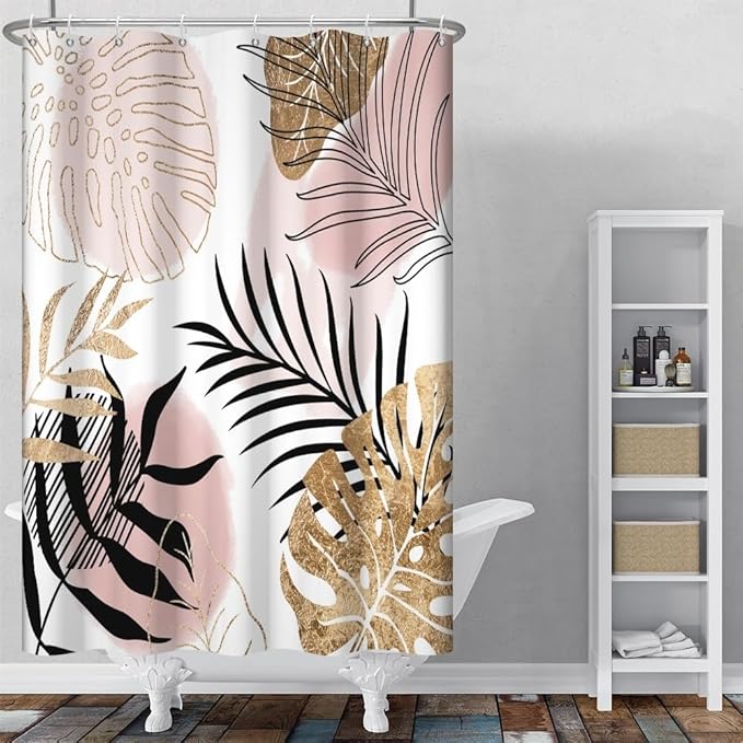 Modern Boho Shower Curtain Pink Gold Palm Leaves Abstract Aesthetic Bathroom Decor Gorgeous Watercolor Botanical Theme Bohemian Bath Curtains Washable Waterproof Polyester Fabric with Hooks 36x72 Inch