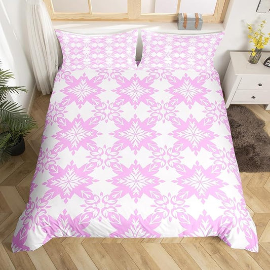 Violet Geometric Floral Duvet Cover Queen for Kids Teens Adults,Classical Damask Flower Comforter Cover,Retro Vintage Art Bedding Set,Mid Century Aesthetic Bed Set with 2 Pillowcases Bedroom Decor