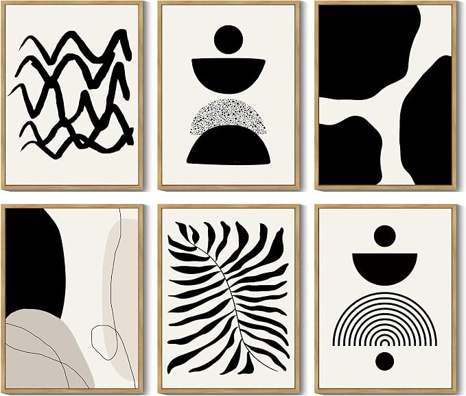 Drsoum Abstract Boho Wall Art Minimalist Geometric Framed Boho Room Decor Black Line Art Mid Century Modern Prints Bohemian Living Room Bedroom Ready to Hang 11x14inx6pcs (Natural Framed)