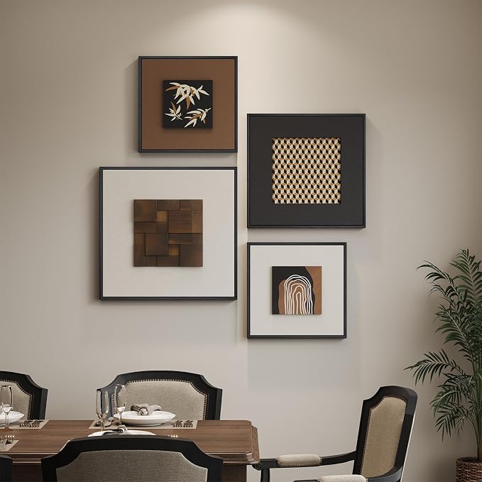 Framed 3D Wood Wall Art Decor for Living Room, 4 Piece Abstract Modern Minimalist Neutral Textured Artwork for Walls, Black Brown Beige Wall Decor for Dining Room, Hallway, Bedroom, Office