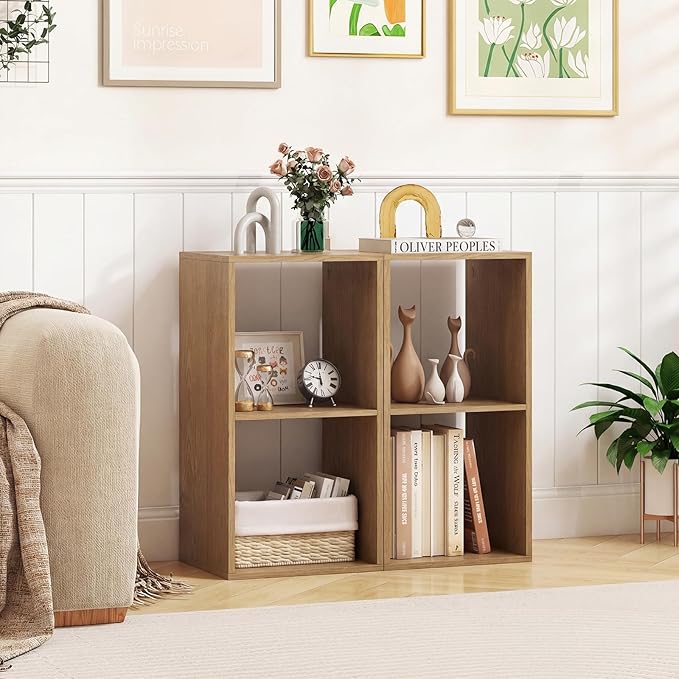 Tangkula 2-Cube Bookcase, 3-Tier Bookshelf with Open Compartments, Freestanding Cube Storage Organizer with Anti-Toppling Kits, Modern Display Shelf for Living Room, Study (1, Natural, 2-Cube)