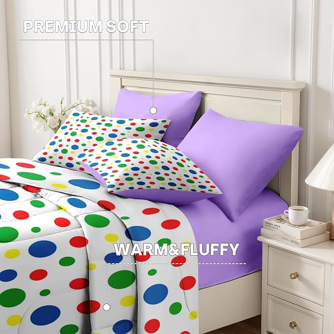 Nesker Comforter Set Queen Size, Rainbow Green Red 7 Pcs Bedding for Kids and Adults, Blue Yellow Polka Dot Bed Sheet Sets with Fitted Sheet 2 Pillowcases & 2 Shams