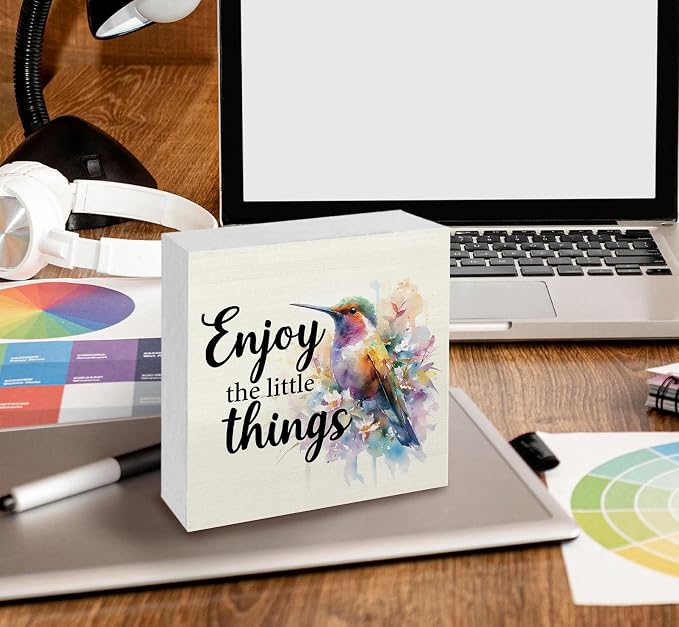 Hummingbird Decor - Hummingbird Gifts For Women, Inspirational Wooden Box Signs, Enjoy The Little Things Motivational Wood Decoration Home Decor For Desk Table Shelf 8x8 Inch Decorative Signs & Plaques