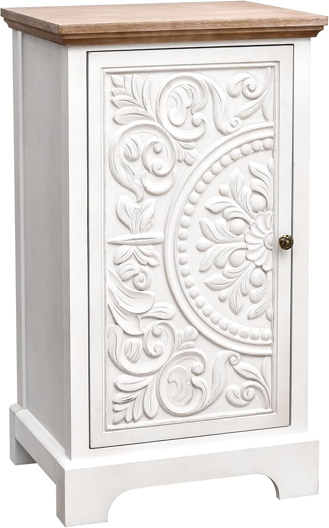 eHemco Ornate Floral Carved End Table with Storage, 18 x 14 x 30.5 Inches, Retro Style Living Room Furniture, Natural and White