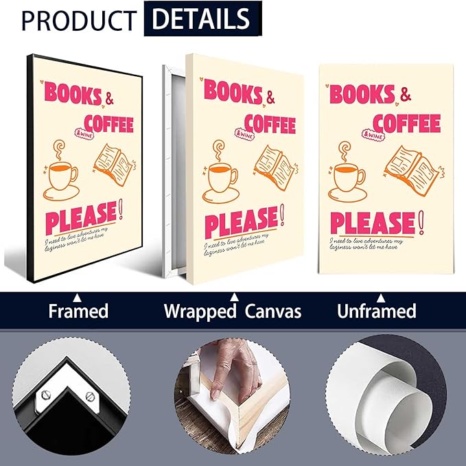 "Books & Coffee Please!" Canvas Wall Art Coffee Cup And A Book Illustrations Posters Cheerful And Casual Style Prints Modern Aesthetic For Living Room Bedroom Dorm Wall Decor 24x36in Framed