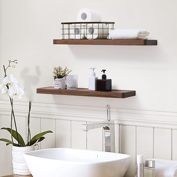 Axeman Walnut Floating Shelves for Wall 24 Inch | 24W x 6D Solid Walnut Wood Shelves Set of 2 | Natural Wooden Shelves for Living Room Bedroom Kitchen