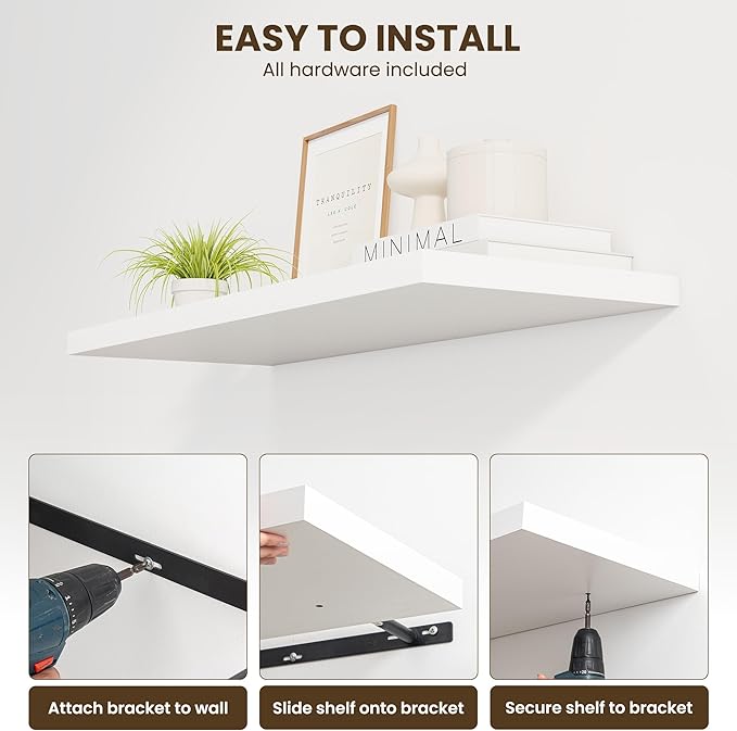Dreamland 48" Floating Shelves for Wall, 12" Deep Slim White Floating Shelves, Wall-Mounted Shelves for Bedroom, Living Room, Kitchen, Bathroom - Set of 2