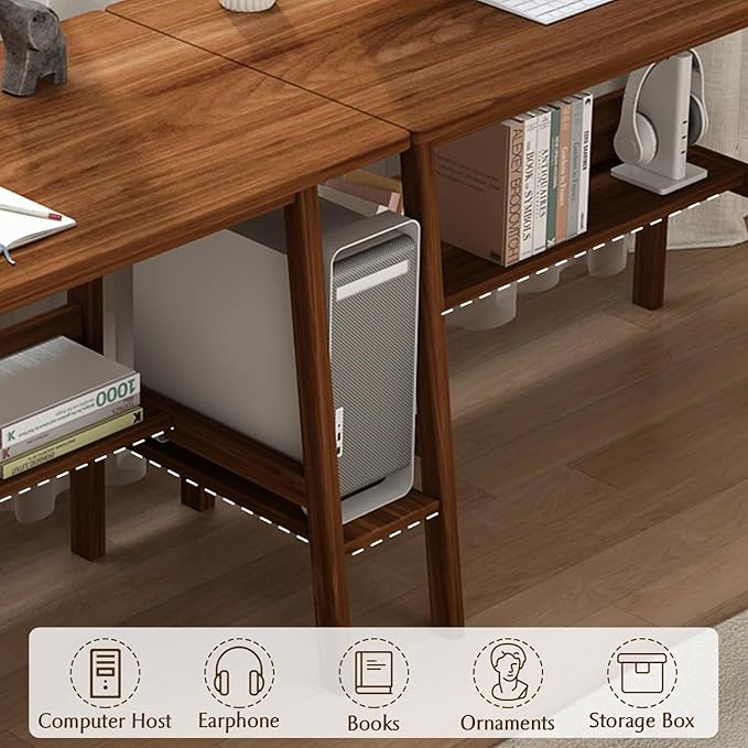 2-Person Writing Desk with Bookshelf - 94" Wooden Extra Long Home Office Work Table, Double Study Computer Workstation with Storage Shelves in Walnut, 94" W x 24" D