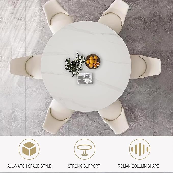 Leavader Modern Round Dining Table Set- 53" Sintered Stone Dining Table with Cream White Cylindrical Base, 7-Piece Marble Round Dining Room Set for Kitchen, Restaurant