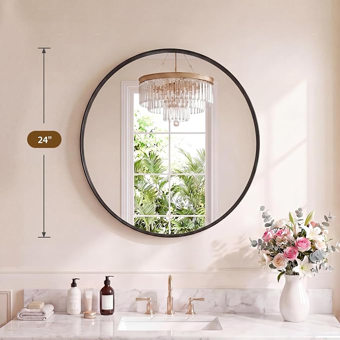 NEWBULIG 24-Inch Round Wall Mirror, Bathroom Wall Circle Mirror with Metal Frame, Bathroom Decor for Entryway, Living Room, Vanity, Black