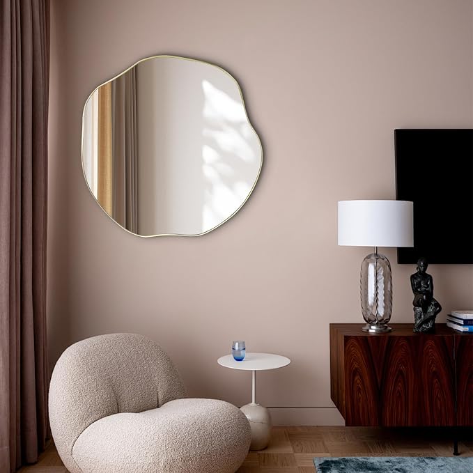 POZINO Scalloped Irregular Wall Mirror, 30" Asymmetrical Frameless Art Deco Mirror, Gold Wavy Decorative Accent Mirrors for Entryway Bedroom Fireplace Living Room, Horizontal or Vertical Hanging