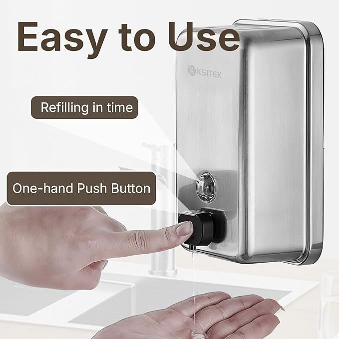 Stainless Steel Soap Dispenser Wall Mounted, 37oz Commercial Hand Soap Dsipenser, Manual Anti-Leak Pump Liquid Soap Dispenser, Rust-Proof Lining Hand Sanitizer Lotion Dispenser for Bathroom