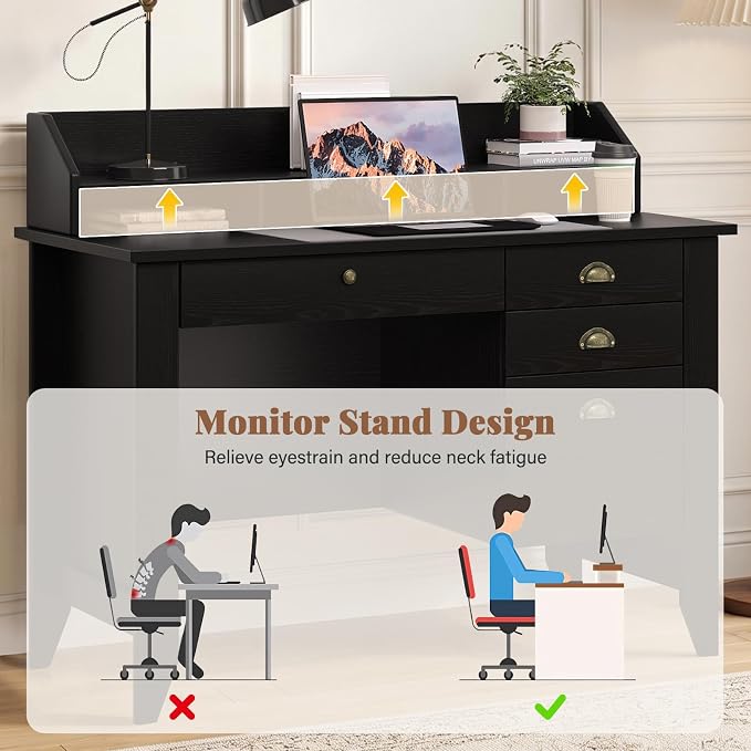 4 EVER WINNER Black Desk with Drawers, Small Desk with File Drawer and Monitor Stand, Computer Desk with Storage, Writing Desk for Bedroom Home Office, Black