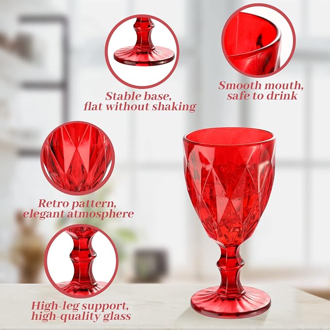 Yinder Glass Goblet Vintage Wine Goblet Embossed Glassware 10 oz Solid Color Glass Stemmed Cups for Iced Tea Beverage Soda Juice Water Liquor and Party Wedding Bars Restaurants(Red,12 Pack)