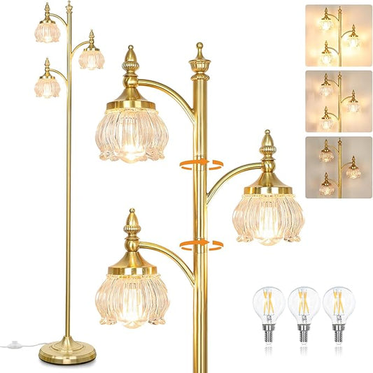JUNNAI Floor Lamp Gold Glass Brass 66.5in Tall Standing Lamp for Living Room with 3 Brightness Lights Vintage Tree Flower Lamp for Bedroom Office(3LED Bulbs Included)