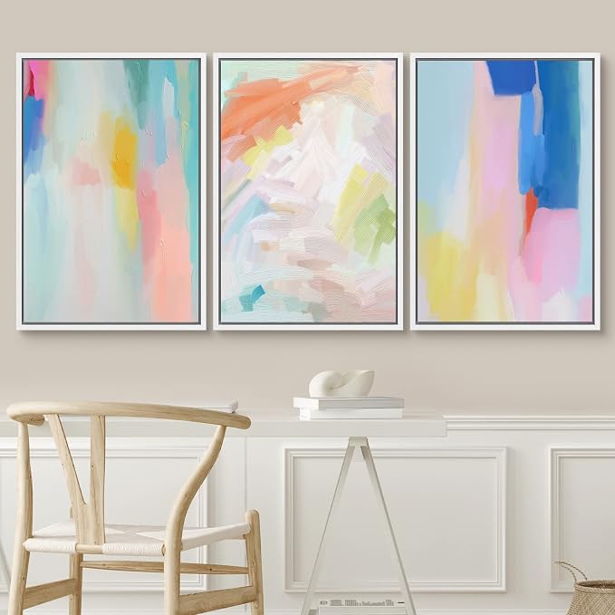 SIGNWIN Framed Canvas Print Wall Art Set Watercolor Pastel Rainbow Paint Stroke Shapes Abstract Illustrations Modern Art Decorative Nordic Calm/Zen for Living Room, Bedroom, Office - 16"x24"x3 White