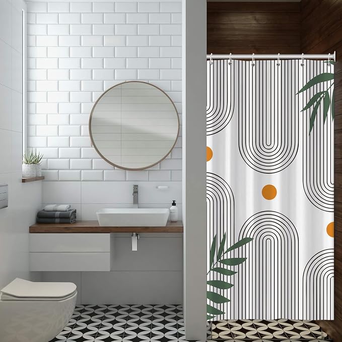 Boho Mid Century Shower Curtain Bohemian Minimalist Geometric Arch Sun Bathroom Curtain Sage Green Plant Polyester Shower Curtain Sets for Bathroom Extra Long 36x72 in with 6 Hooks
