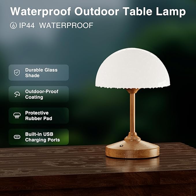 Mushroom Lamp Cordless Lamp Table Lamp,Outdoor Waterproof Shower Lamps,5000mAh Rechargeble Battery Operated Dimmable Touch Desk Lamps,LED Night Light for Bathroom Patio Camping Restaurant