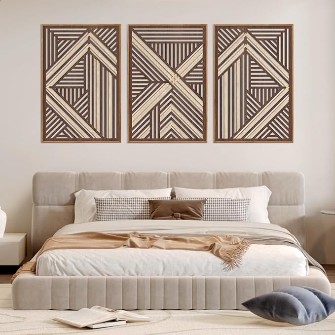 CHDITB Boho Geometric Wood Wall Art(Set of 3, 16"x24"), Large Modern Wooden Panel Hollow Line Art Decor, Rustic Abstract Minimalist Wall Hanging Artwork for Bedroom Living Room Office