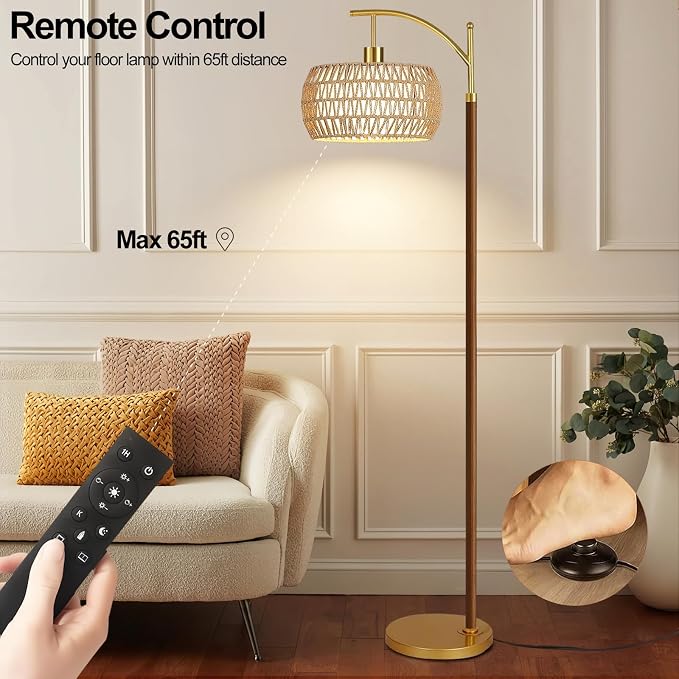 ILLMTW Boho Floor Lamp for Living Room,Bedroom,Rattan Standing Lamp with Remote Dimmable,Wood Vintage Mid Century Modern Gold Tall Lamp Wicker Lamp Shade Floor Lights Bohemian Tiffany Style