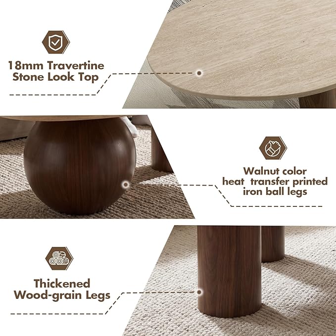 55" Modern Cloud Coffee Table for Living Room, Travertine-Pattern Top Irregular Coffee Table with Walnut Wood Finished Legs, Modern Indoor Accent Center Table for Living Room Bedroom