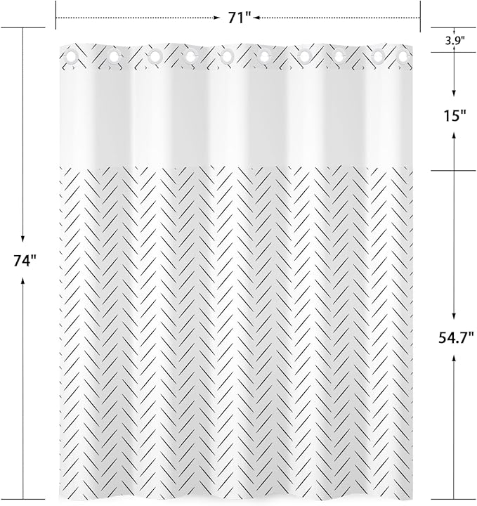 No Hook Shower Curtain and Liner Set, Black and White Herringbone Print Double Layer Waterproof Fabric Bath Tub Curtain for Modern Minimalist Bathroom Decor, See Through Top, 71x74 Inch