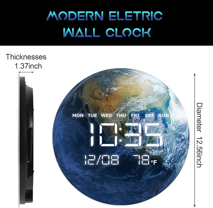 Digital Wall Clock, LED Moon/Earth Design, Temperature Display, 7.87 x 7.87 inches (Earth, 12.59 INCH)