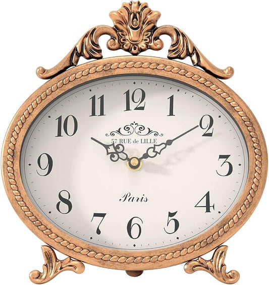Abdurey Vintage Table Clock on Stand,Desk and Shelf Decorative Clock,French Rustic Style Mantel Clocks,Metal Frame Antique Gold Finish,Farmhouse,Bedroom, Bedside,Living Room,Gift Clocks