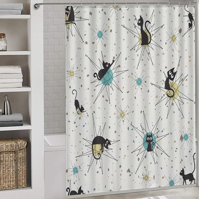 Vintage Mid Century Cats Shower Curtain Black Cat Retro Diamond Atomic 1950s 1960s Abstract Geometric Simple Waterproof Shower Curtains for Bathroom Decor 12 Pack Hooks 66x72in（168x183cm
