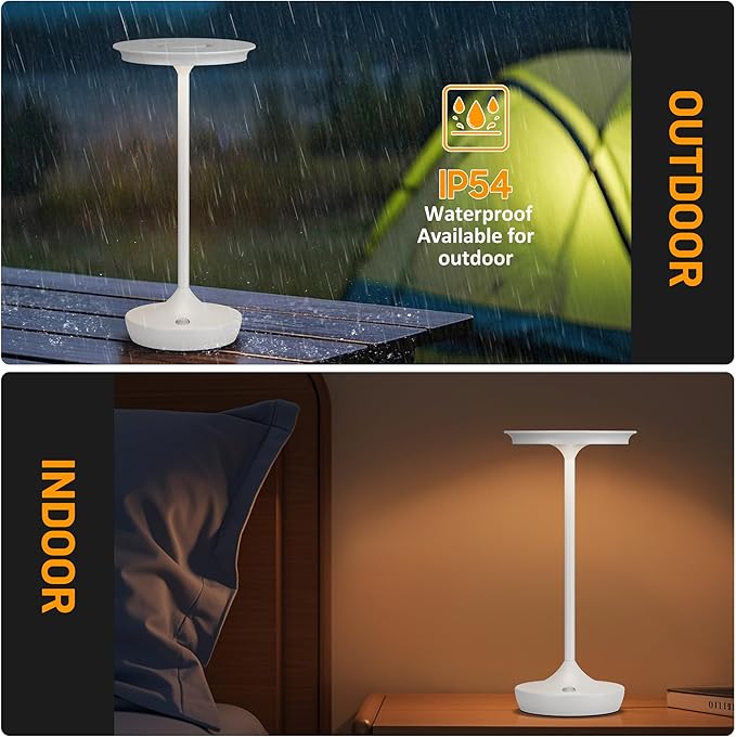 2 Pack LED Rechargeable Cordless Table Lamps, Portable Outdoor Battery Operated 3 Color Stepless Dimming Tables Light with Memory Function for Patio Restaurant Dining Room White