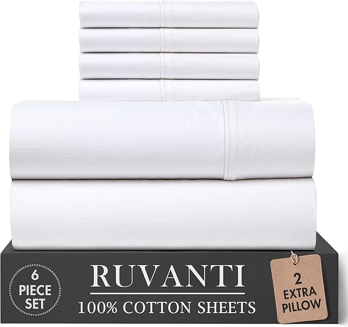 RUVANTI 100% Cotton Percale Sheets King Size 6 Piece Set, Cooling Bed Sheets for Hot Sleepers, Deep Pocket 16”, Breathable Lightweight & Durable, Crisp Hotel Style Sheets, Bright White