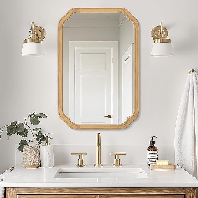 WallBeyond 20" x 30" Wood Mirror Rounded Corner Arch Wall Mirror with Wood Frame for Entryway, Living Room or Bedroom Home Decor [20" x 30" Natural Color]